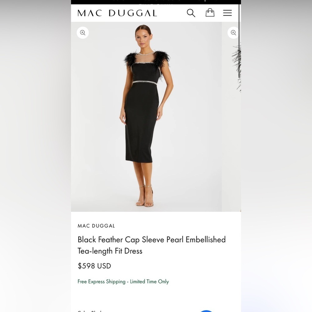 Mac Duggal Black Feather Cap Sleeve Pearl Embellished Midi Formal Dress | 2 - Picture 2 of 13